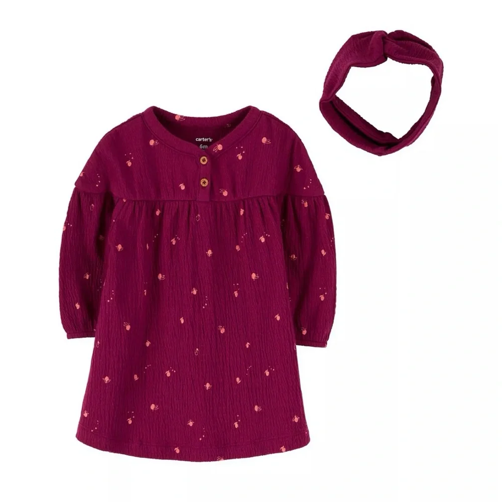 Carter’s Baby Girl Crinkle Jersey Dress Set 9M NWT Headwrap & Bloomer